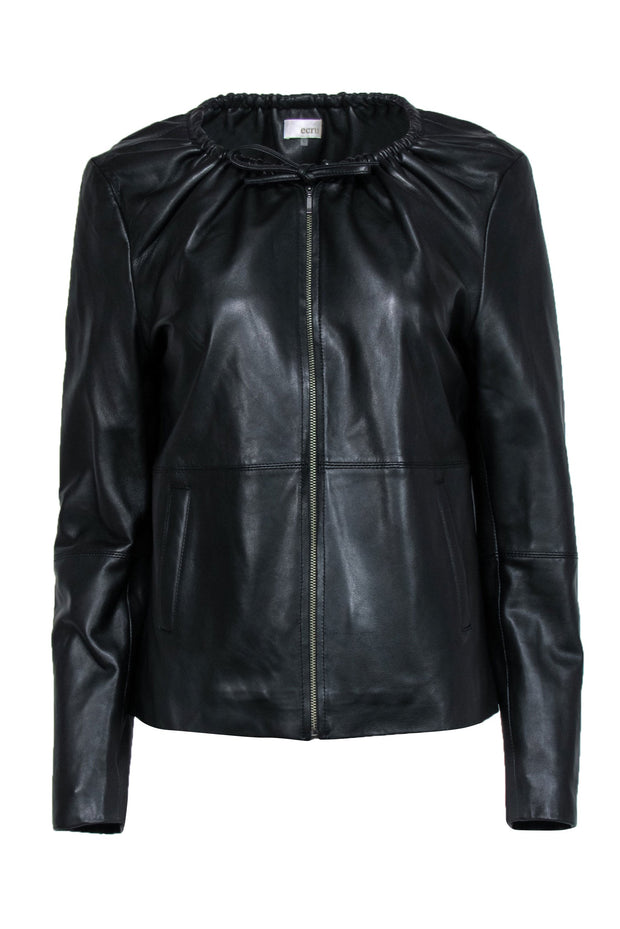 Current Boutique-Ecru - Black Leather Zip-Up Jacket w/ Drawstring Neckline Sz L