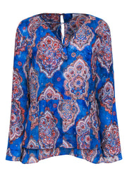 Current Boutique-Ecru - Blue & Multicolor Bohemian Print Blouse w/ Tassels & Peplum Hem Sz L