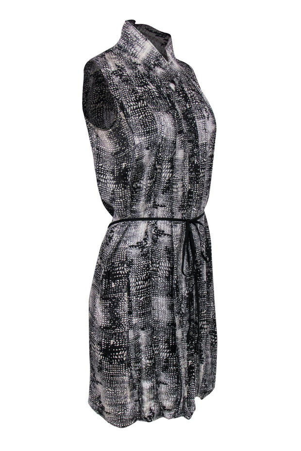 Current Boutique-Edun - Black & White Abstract Print Button-Up Silk Shift Dress w/ Frayed Trim Sz M
