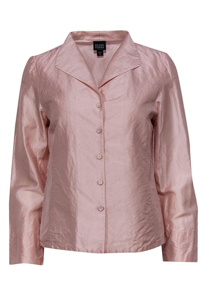 Current Boutique-Eileen Fisher - Baby Pink Textured Silk Button-Up Blouse Sz PM