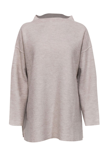 Current Boutique-Eileen Fisher - Beige Textured Funnel Neck Wool Sweater Sz L