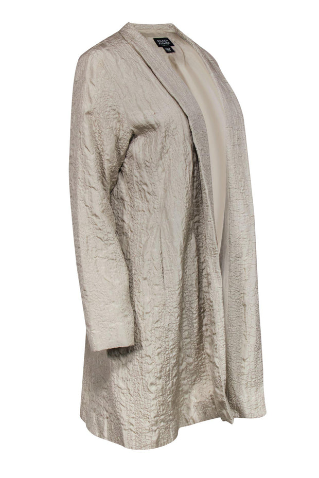 Current Boutique-Eileen Fisher - Beige Textured Silk Open Front Jacket Sz PM