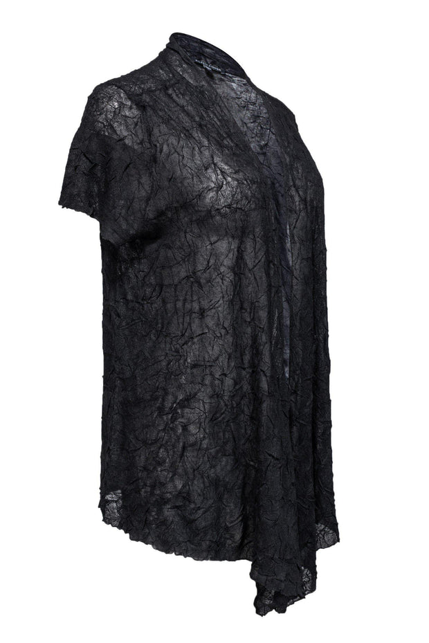 Current Boutique-Eileen Fisher - Black Crinkle Short Sleeve Cardigan Sz L