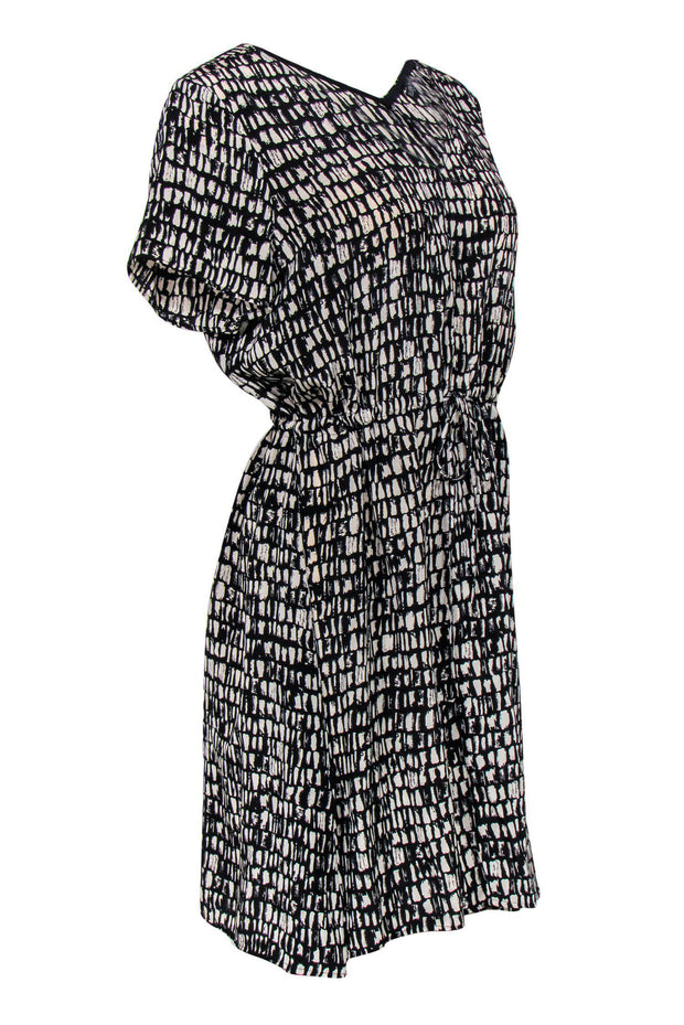 Current Boutique-Eileen Fisher - Black & Grey Print Short Sleeve Silk Dress w/ Drawstring Waist Sz PM