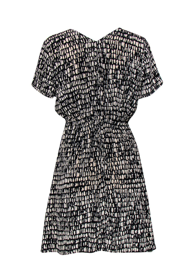 Current Boutique-Eileen Fisher - Black & Grey Print Short Sleeve Silk Dress w/ Drawstring Waist Sz PM