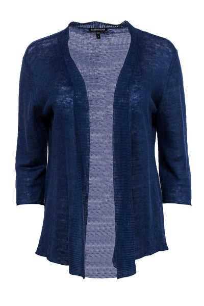Current Boutique-Eileen Fisher - Blue Quarter Sleeve Knit Open Linen Cardigan Sz S