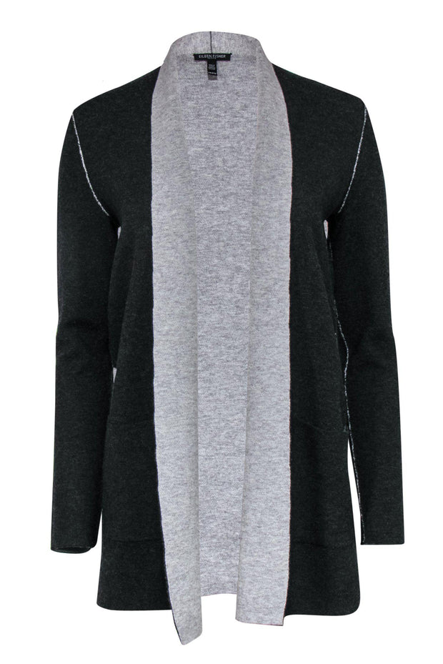 Current Boutique-Eileen Fisher - Dark Grey Knit Open Front Cardigan Sz S