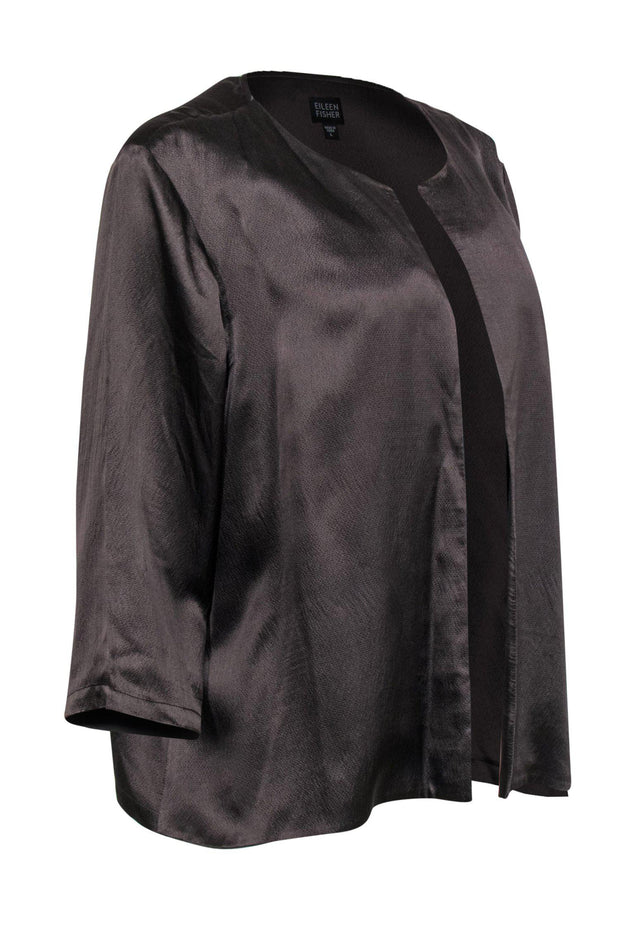 Current Boutique-Eileen Fisher - Dark Grey Silk Open Front Cardigan Sz L