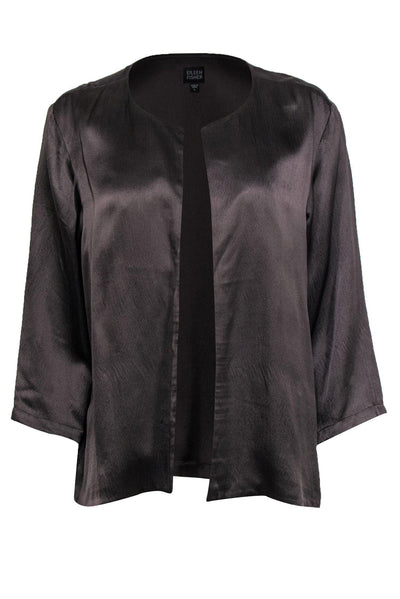 Current Boutique-Eileen Fisher - Dark Grey Silk Open Front Cardigan Sz L