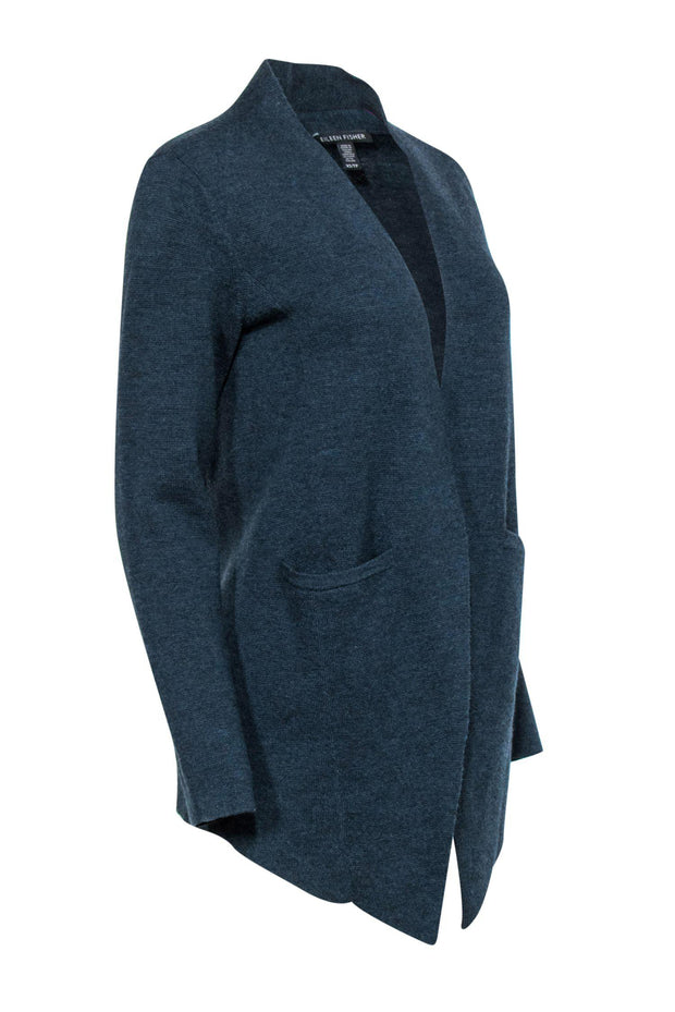 Current Boutique-Eileen Fisher - Dark Teal Open Merino Wool Knit Cardigan Sz XS