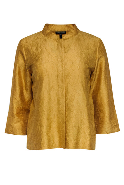 Current Boutique-Eileen Fisher - Gold Crinkle Textured Cropped Sleeve Button-Up Silk Blouse Sz PM
