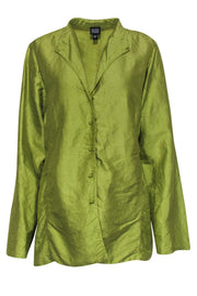 Current Boutique-Eileen Fisher - Green Crush Textured Silk Button-Up Blouse Sz L