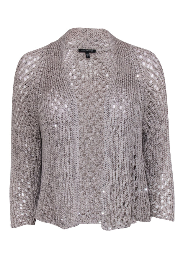 Current Boutique-Eileen Fisher - Grey Cotton Knit Open Cardigan w/ Sequin Design Sz S