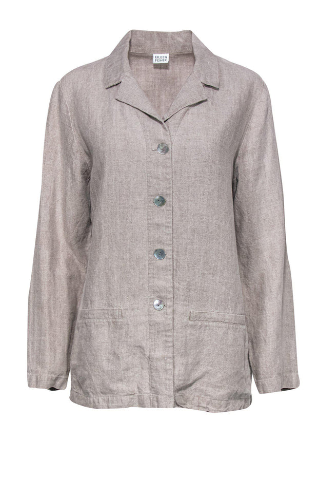 Current Boutique-Eileen Fisher - Greyish Tan Collared Button-Up Top Sz M