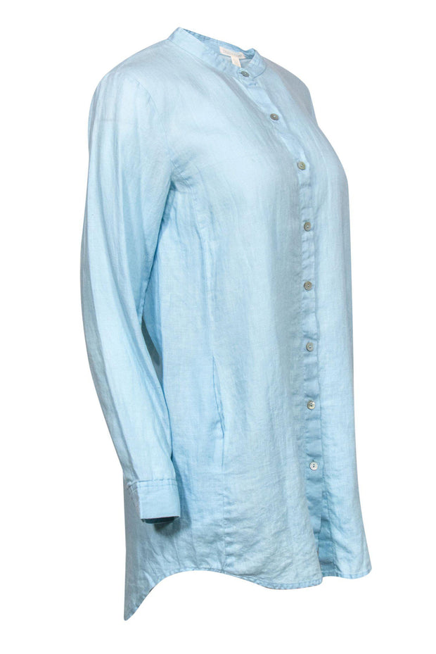 Current Boutique-Eileen Fisher - Light Blue Long Sleeve Button-Up Linen Shirt Dress Sz XS