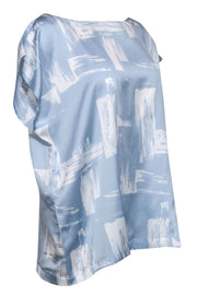 Current Boutique-Eileen Fisher - Light Blue & White Abstract Print Cap Sleeve Blouse Sz L