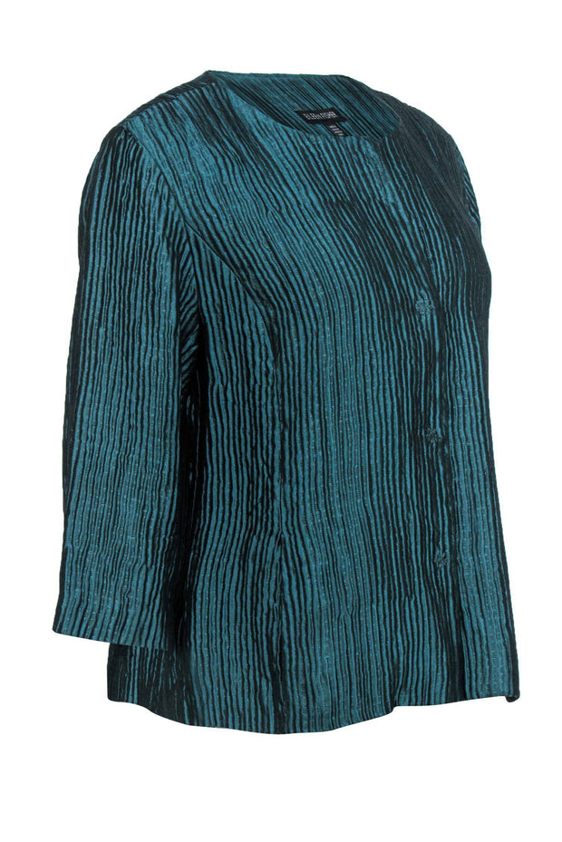 Current Boutique-Eileen Fisher - Metallic Teal Pleated Textured Silk Blend Jacket Sz M