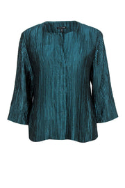 Current Boutique-Eileen Fisher - Metallic Teal Pleated Textured Silk Blend Jacket Sz M