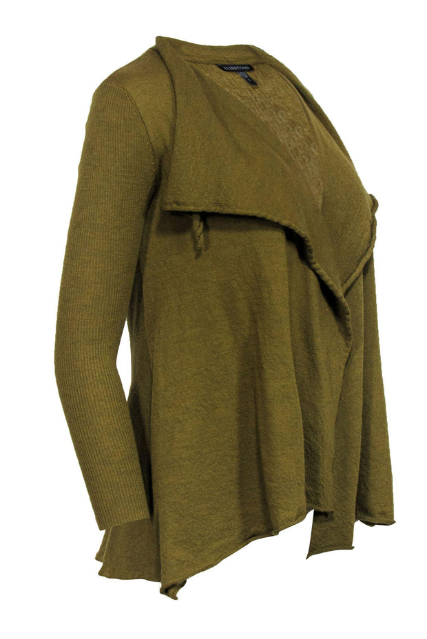 Current Boutique-Eileen Fisher - Moss Green Open Front Wool Cardigan w/ Ribbed Sleeves Sz S