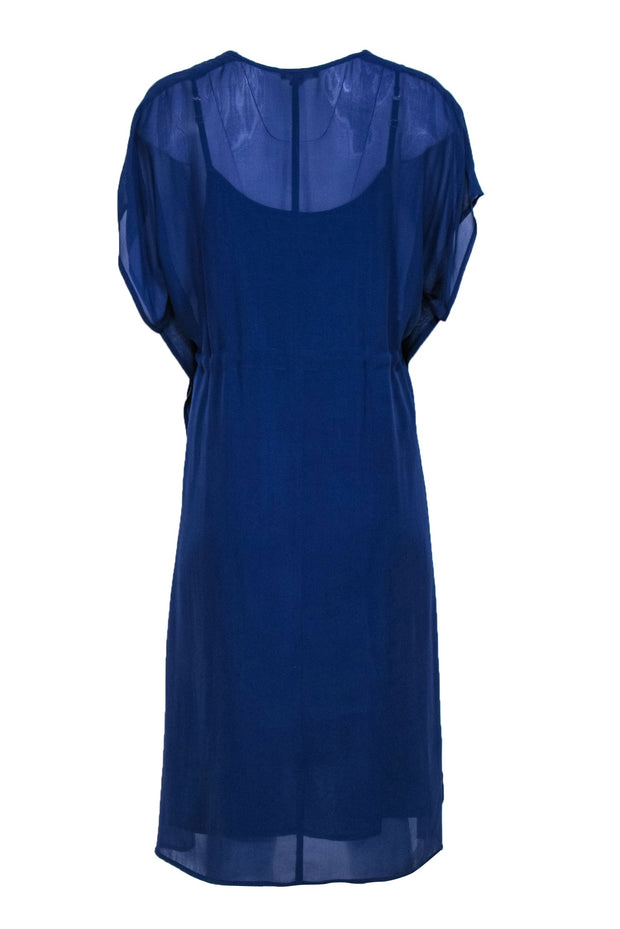 Current Boutique-Eileen Fisher - Navy Cap Sleeve Drawstring Silk Midi Dress Sz M