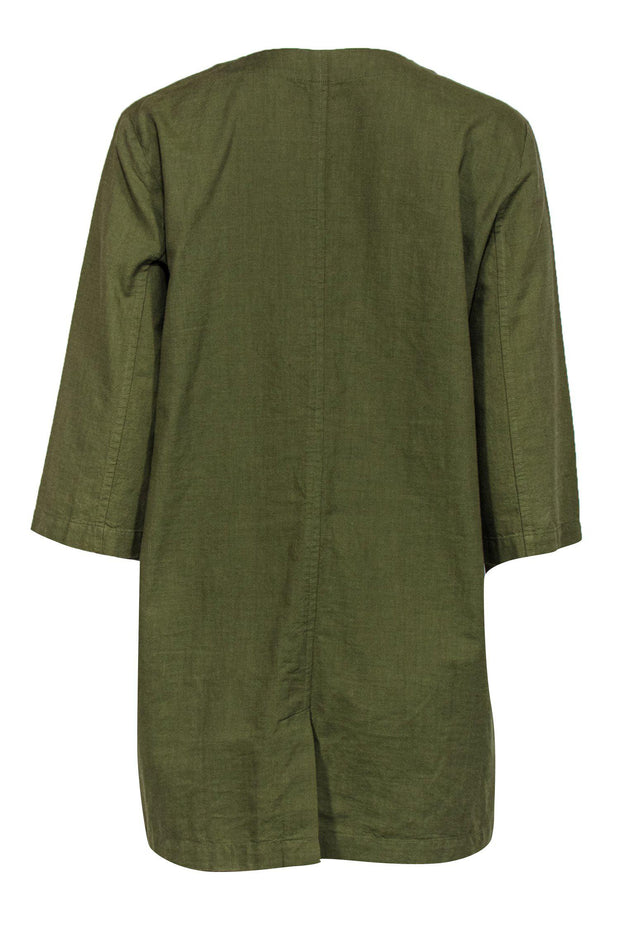 Current Boutique-Eileen Fisher - Olive Green Open Front Cotton Cardigan Sz S