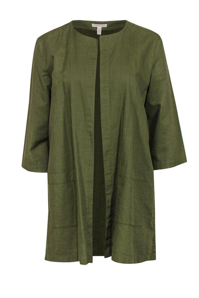 Current Boutique-Eileen Fisher - Olive Green Open Front Cotton Cardigan Sz S