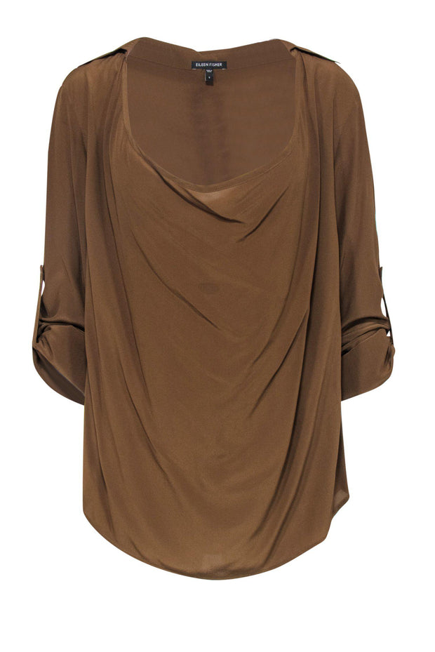 Current Boutique-Eileen Fisher - Olive Green Silk Blouse w/ Draped Neckline Sz S
