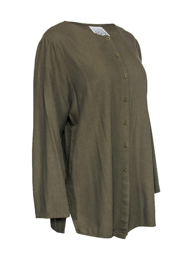 Current Boutique-Eileen Fisher - Olive Green Silk Button Down Blouse Sz 2