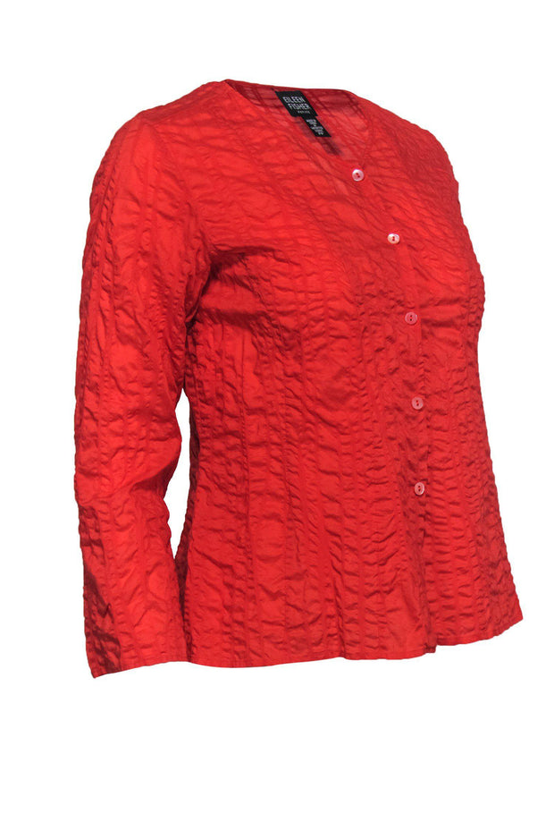 Current Boutique-Eileen Fisher - Orange Button Down Textured Shirt Sz PP
