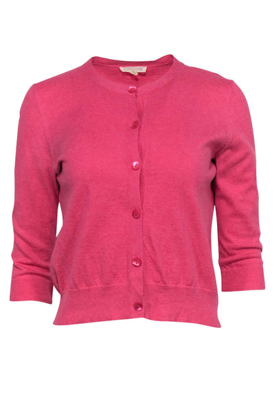 Current Boutique-Eileen Fisher - Pink Button-Up Cotton Blend Quarter Sleeve Cardigan Sz XS
