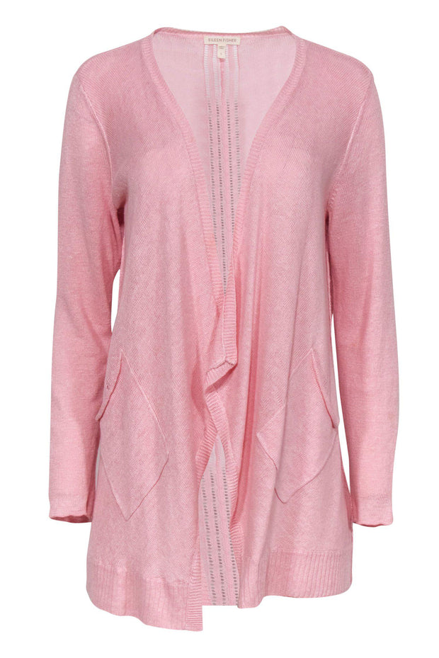 Current Boutique-Eileen Fisher - Pink Knit Linen Open Front Cardigan Sz S