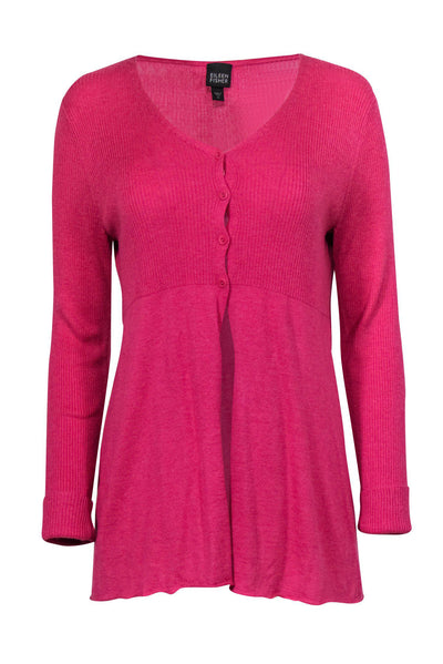 Current Boutique-Eileen Fisher - Pink Ribbed Button-Up Cardigan Sz M