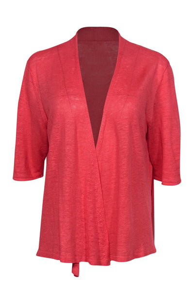 Current Boutique-Eileen Fisher - Pink Short Sleeve Knit Open Linen Cardigan Sz L