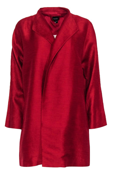 Current Boutique-Eileen Fisher - Red Metallic Silk Blend Draped Open Kimono Sz L