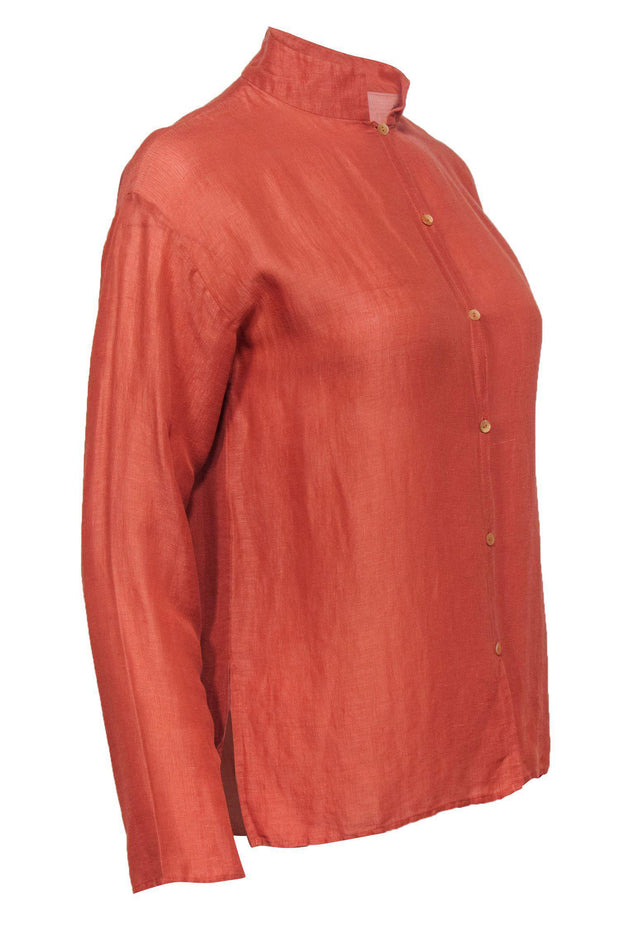Current Boutique-Eileen Fisher - Rust Red Linen & Silk Blouse Sz PP