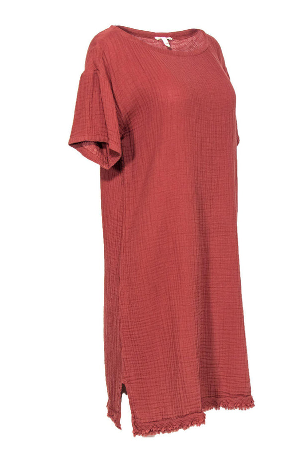 Current Boutique-Eileen Fisher - Rust Textured Shift Dress w/ Fringe Hem Sz S