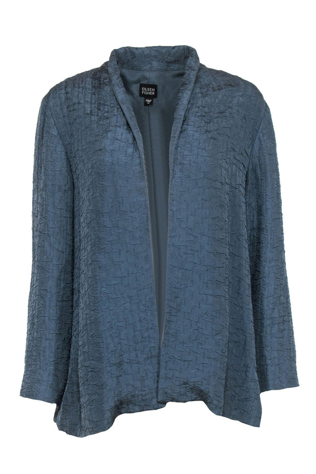 Current Boutique-Eileen Fisher - Slate Blue Crinkle Textured Open Jacket Sz M