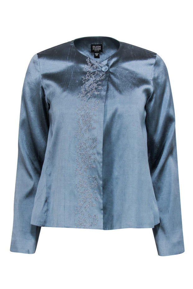 Current Boutique-Eileen Fisher - Slate Blue Embroidered Silk Jacket Sz SP
