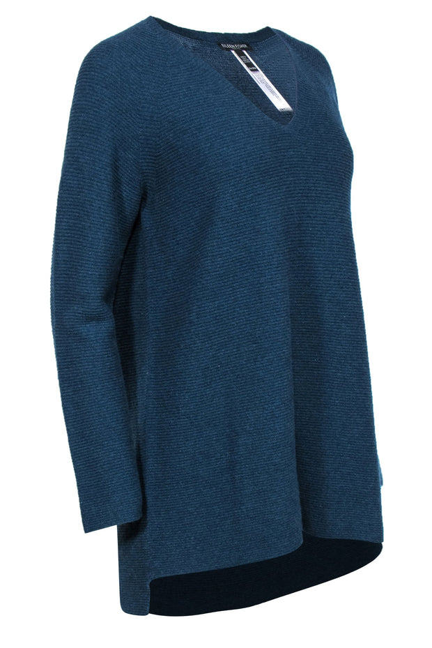 Current Boutique-Eileen Fisher - Teal Cashmere Ribbed V-Neck Sweater Sz PM