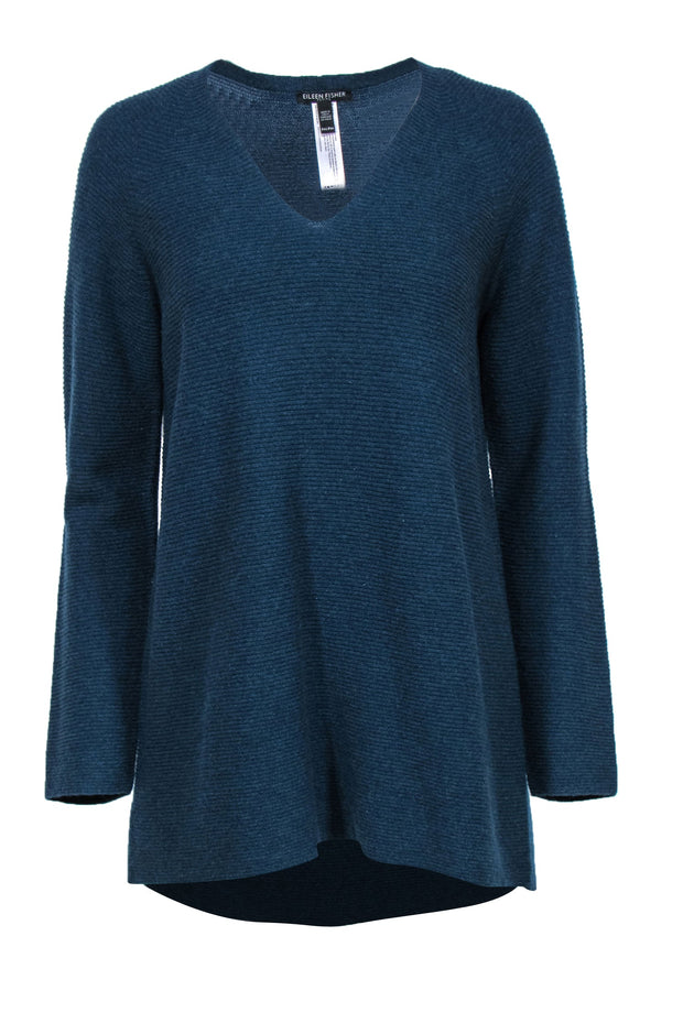 Current Boutique-Eileen Fisher - Teal Cashmere Ribbed V-Neck Sweater Sz PM