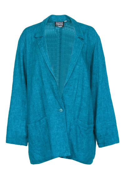 Current Boutique-Eileen Fisher - Teal Linen Blend Blazer with Single Button & Pockets Sz XL
