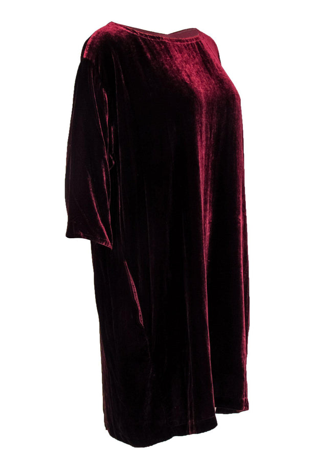 Current Boutique-Eileen Fisher - Wine Red Velvet Cropped Sleeve Dress Sz M