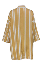 Current Boutique-Eileen Fisher - Yellow & White Striped Open Cotton Cardigan Sz L/XL