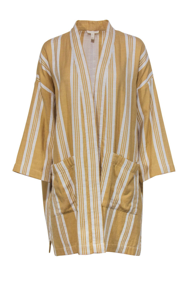 Current Boutique-Eileen Fisher - Yellow & White Striped Open Cotton Cardigan Sz L/XL