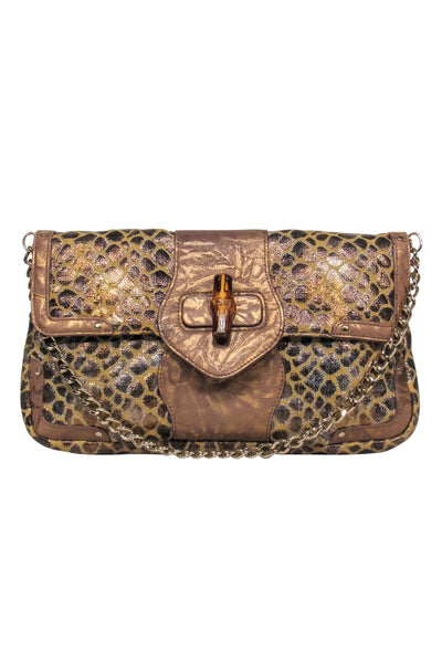 Current Boutique-Elaine Turner - Bronze & Tan Giraffe Print Shoulder Bag w/ Bamboo Clasp