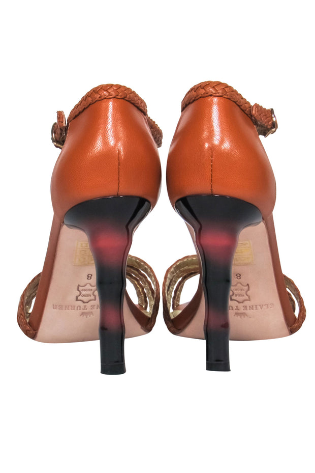 Current Boutique-Elaine Turner - Cognac Brown Braided "Briana" T-Strap Heels w/ Carved Heel Sz 8