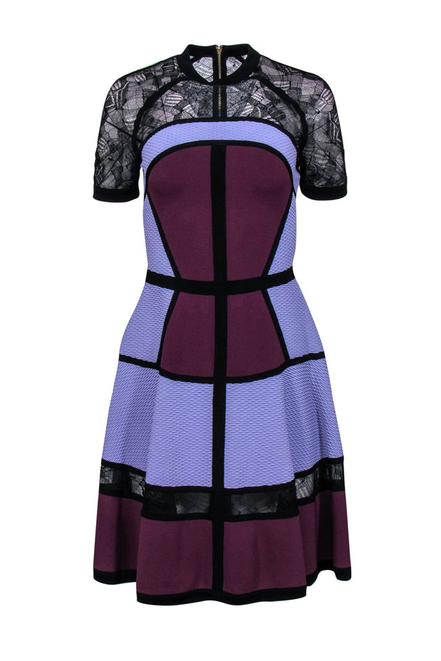 Current Boutique-Elie Saab - Purple Textured Paneled A-Line Dress w/ Lace Sz 6