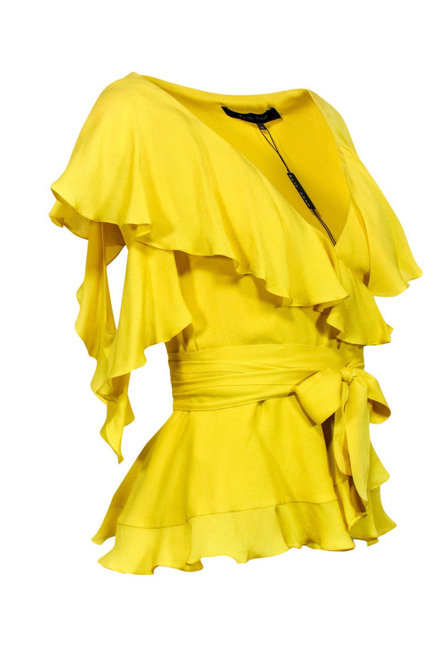 Current Boutique-Elie Saab - Yellow Ruffled Cold Shoulder Belted Wrap Blouse Sz 2