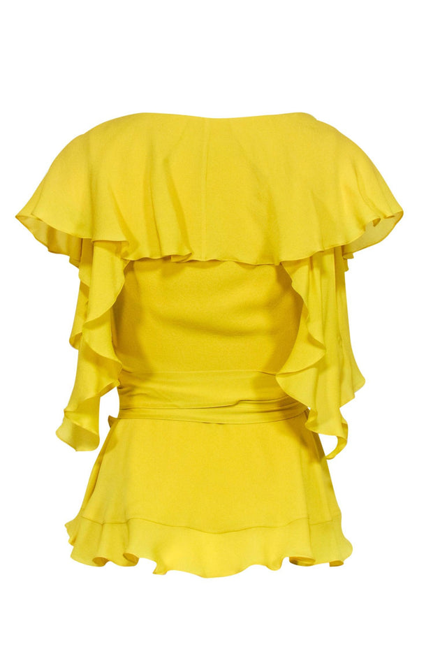 Current Boutique-Elie Saab - Yellow Ruffled Cold Shoulder Belted Wrap Blouse Sz 2
