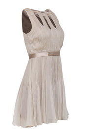 Current Boutique-Elie Tahari - Beige Accordion Printed Silk A-Line Dress w/ Cutouts Sz 2